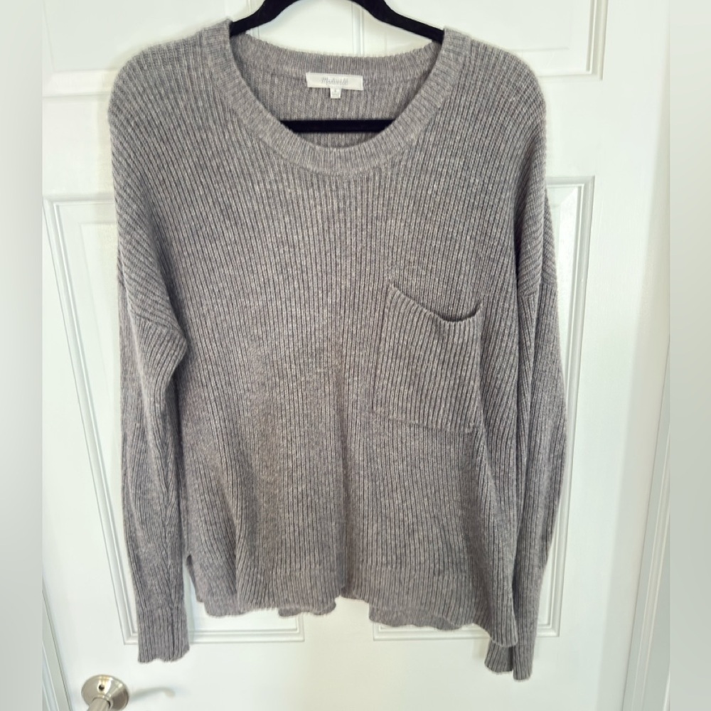 Madewell Gray Ribbed Crew Neck Sweater with pocket size medium